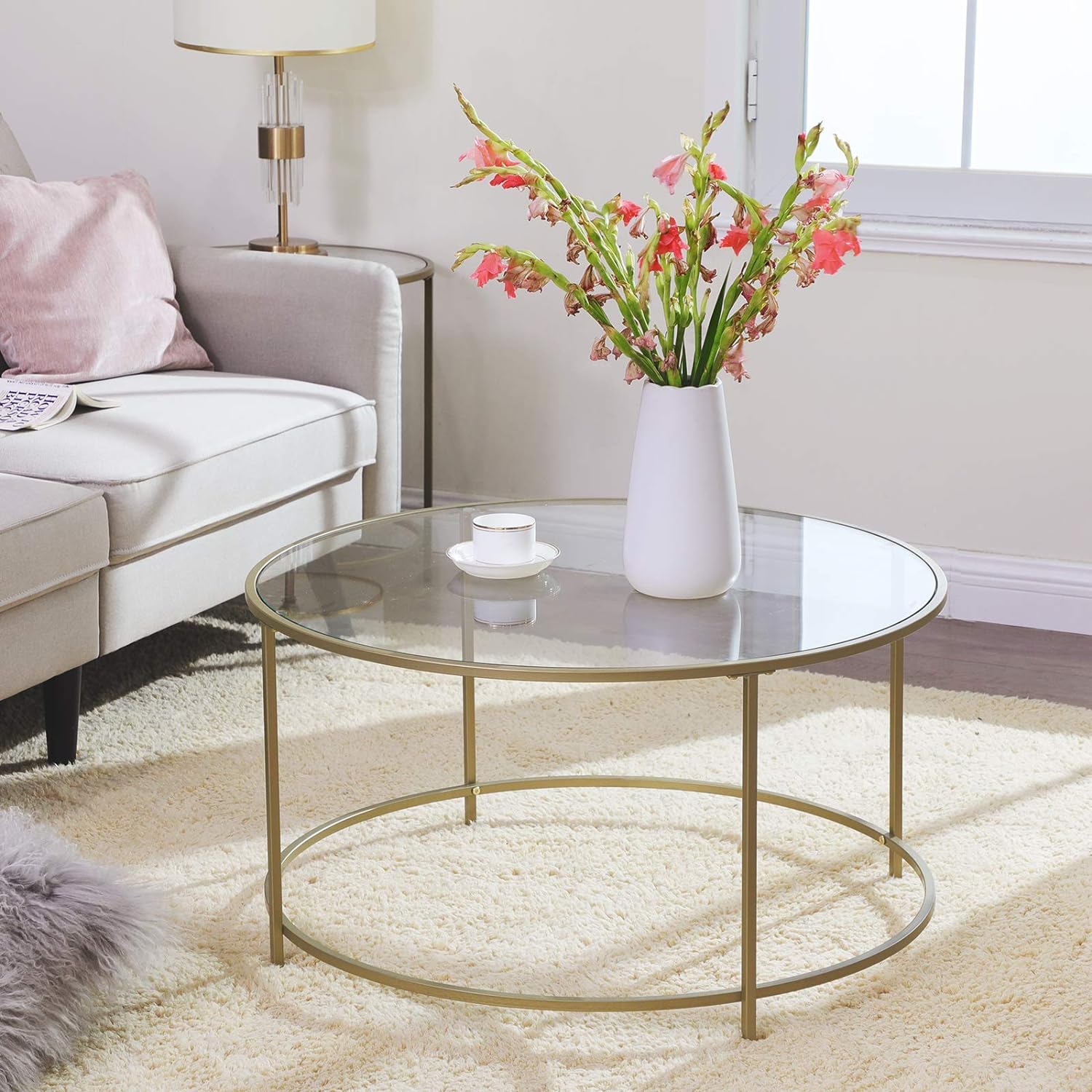 VASAGLE Masa de cafea rotunda, din sticla securizata cu cadru metalic, 84x84x45cm, auriu