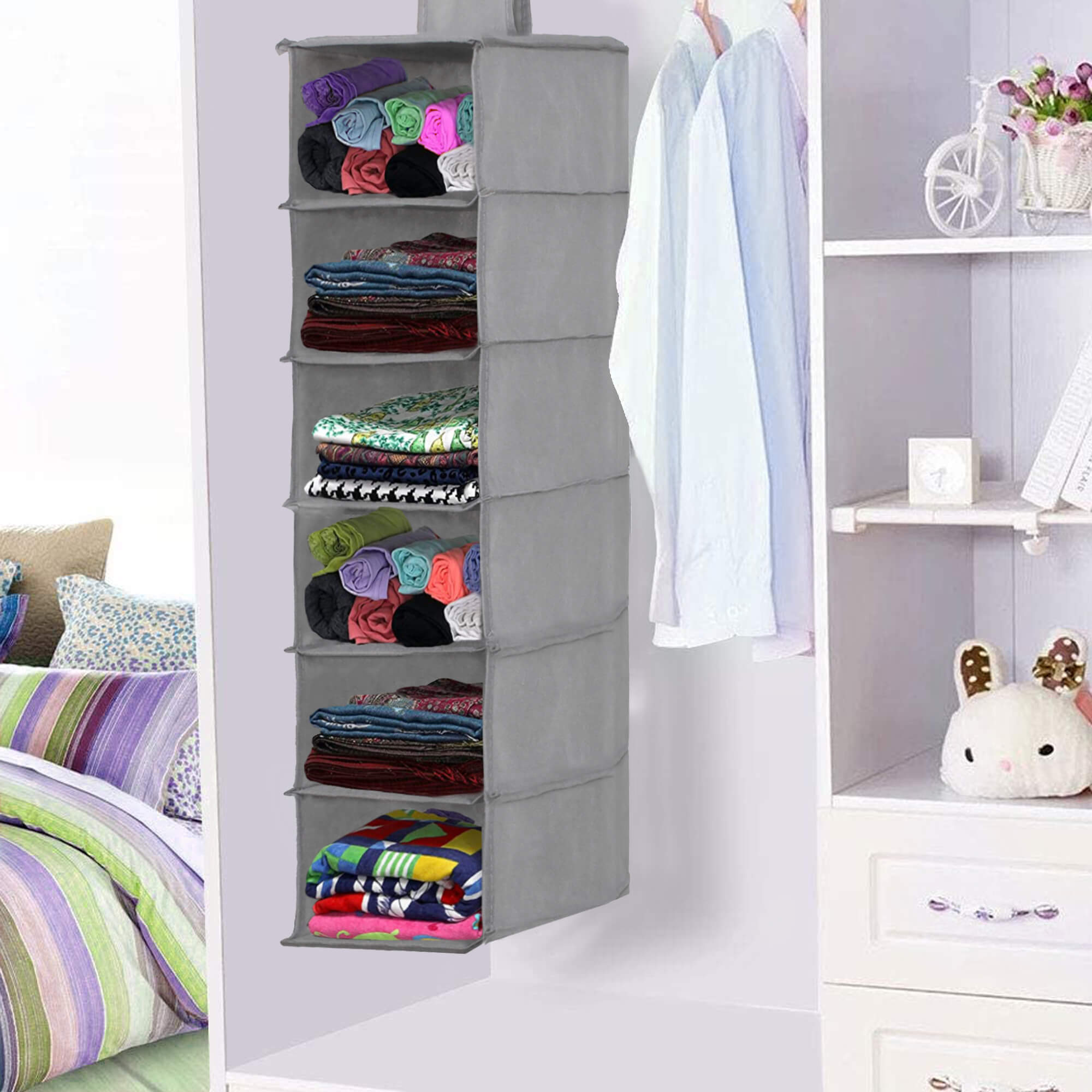 Organizator dulap Sersimo, 6 compartimente, textil, 120cm, gri