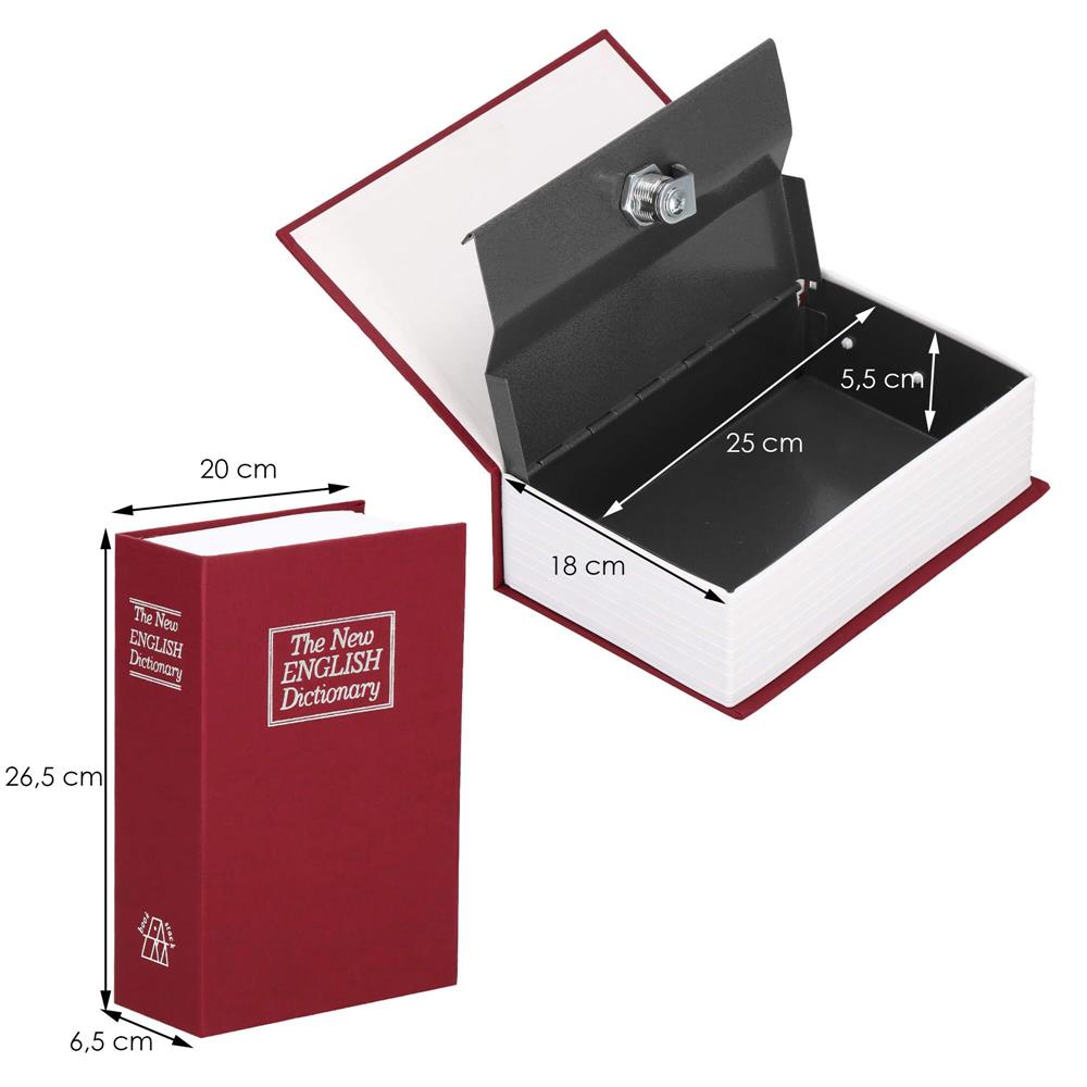 Caseta de valori, cutie metalica cu cheie, portabila, tip carte, Dictionar, burgundy, 26.5x20x6.5 cm