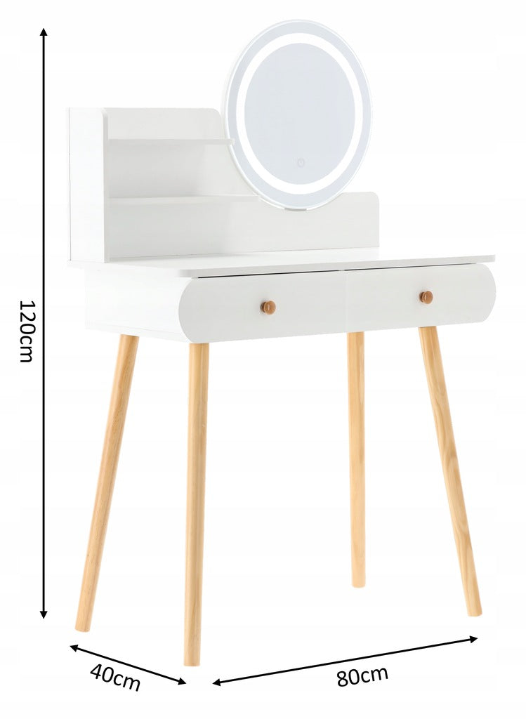 Masa de toaleta si machiaj Siena, iluminare LED, alba, cu 2 sertare, oglinda, 80x40x120 cm
