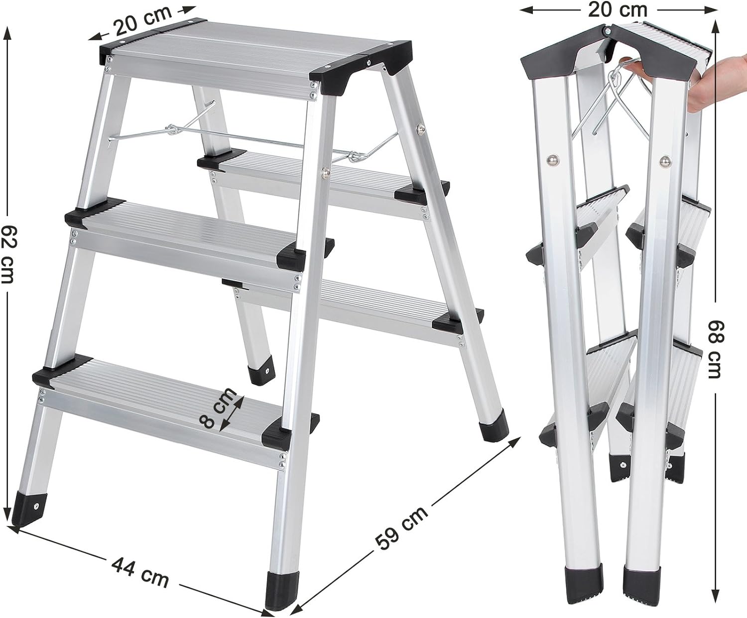SONGMICS Scara dubla din aluminiu, multifunctionala, sarcina 150kg, cu 3 trepte, 59x44x62cm - 2