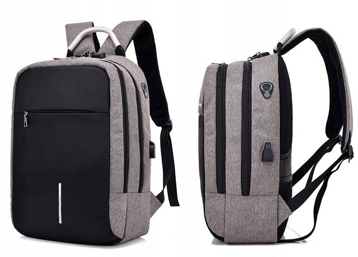 Rucsac impermeabil, cu sistem antifurt, port USB, 45x14x30cm, 25litri, negru si gri