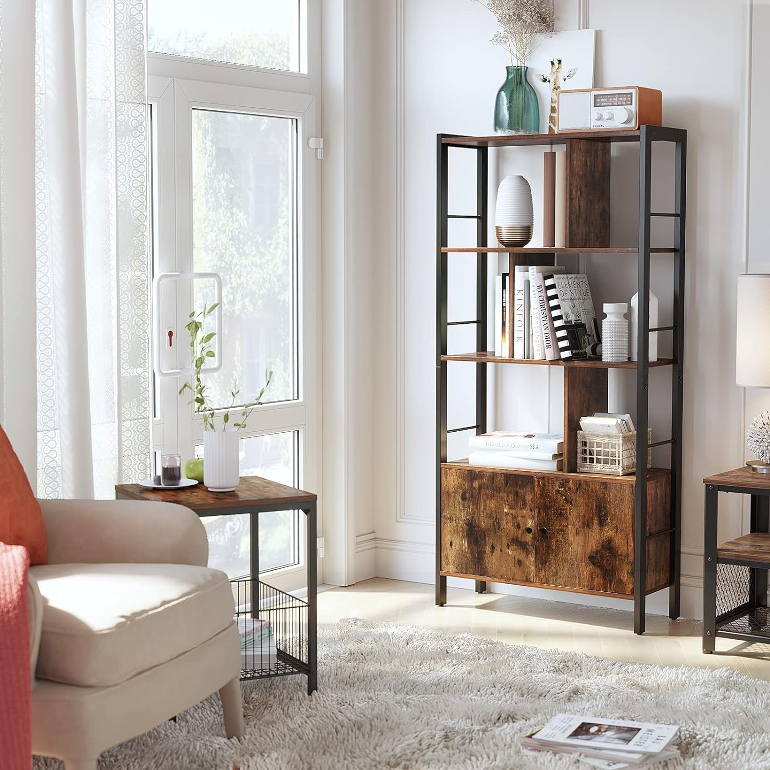 VASAGLE Biblioteca cu 4 rafturi si dulap inferior cu 2 usi, stil industrial, 74x30x155cm, maro rustic