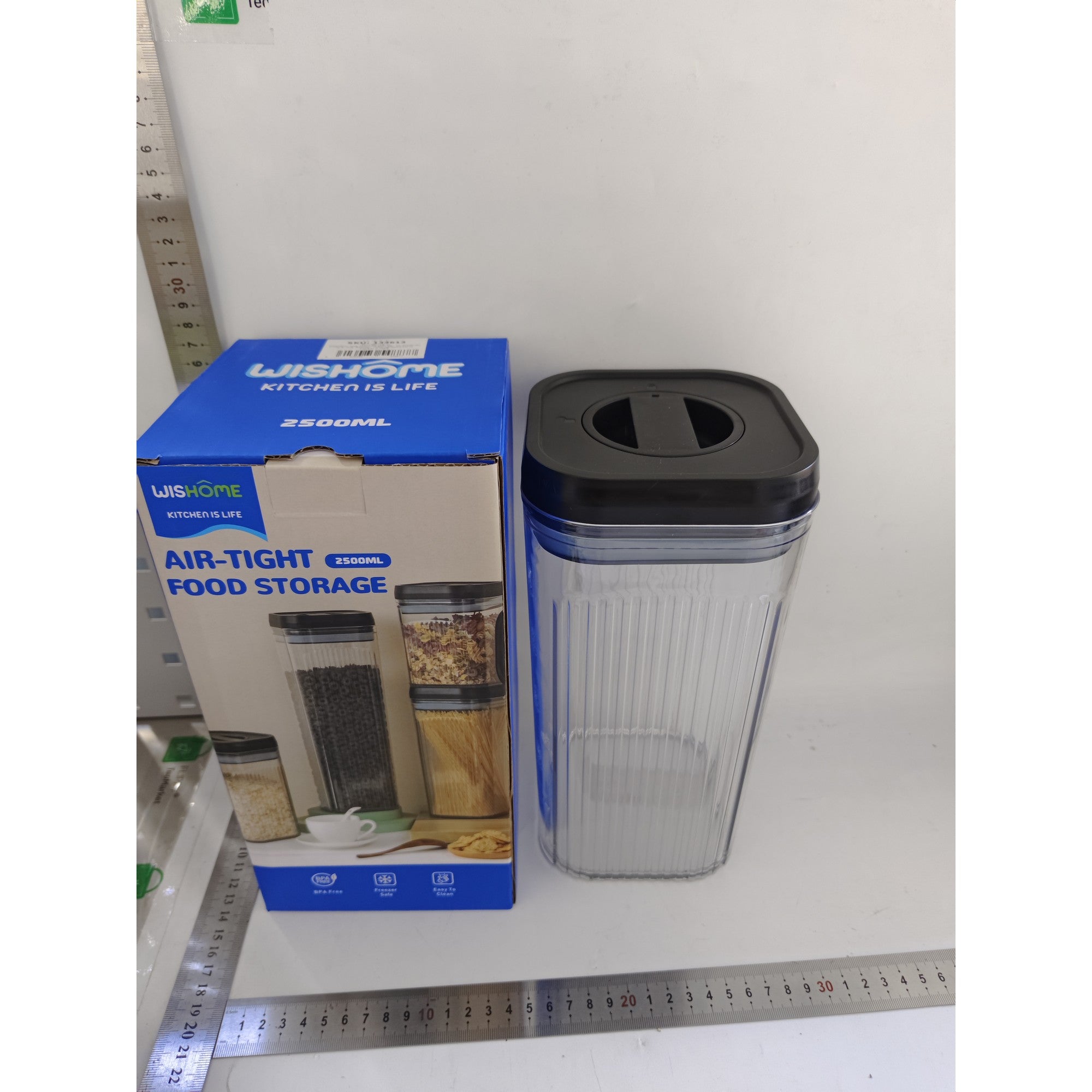 Cutie de Depozitare Alimente, tip Container, 2.5L, Recipiente pentru Cereale in Bucatarie, Transparente cu Capac Negru