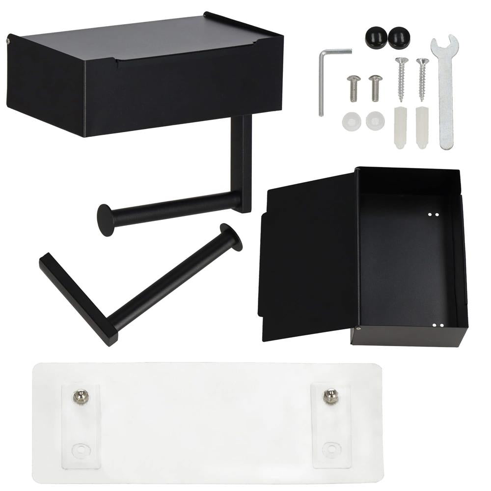 Suport hartie igienica din otel cu sertar depozitare, sistem montare inclus, 22cm, negru bej
