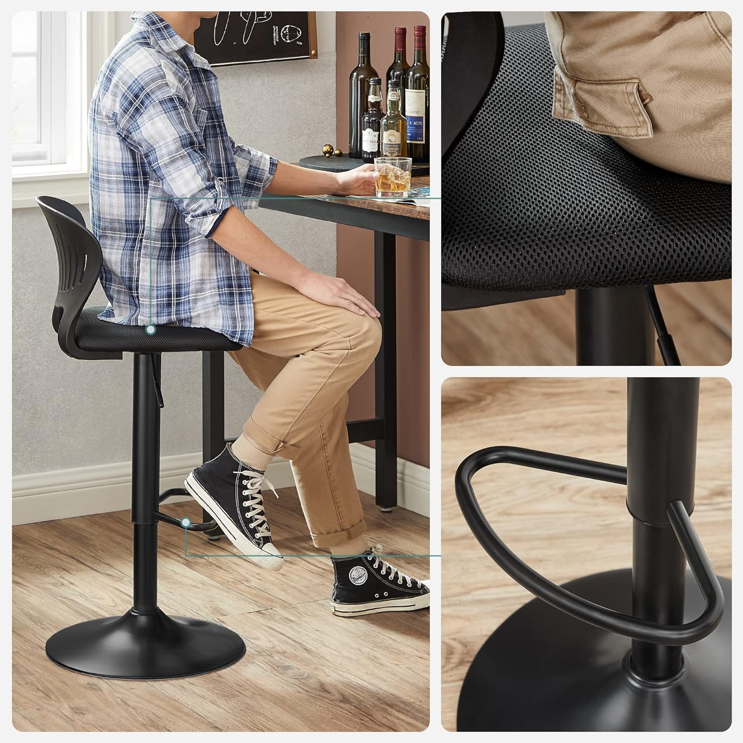 SONGMICS Set 2 scaune de bar captusite, reglabile, cu spatar si suport pentru picioare, rotatie la 360, 39x42x107cm, negru