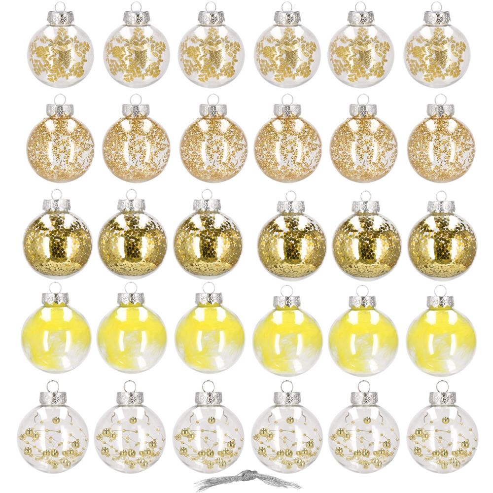 Set globuri de Craciun Inedit, 30 bucati, 7cm, transparente si auriu