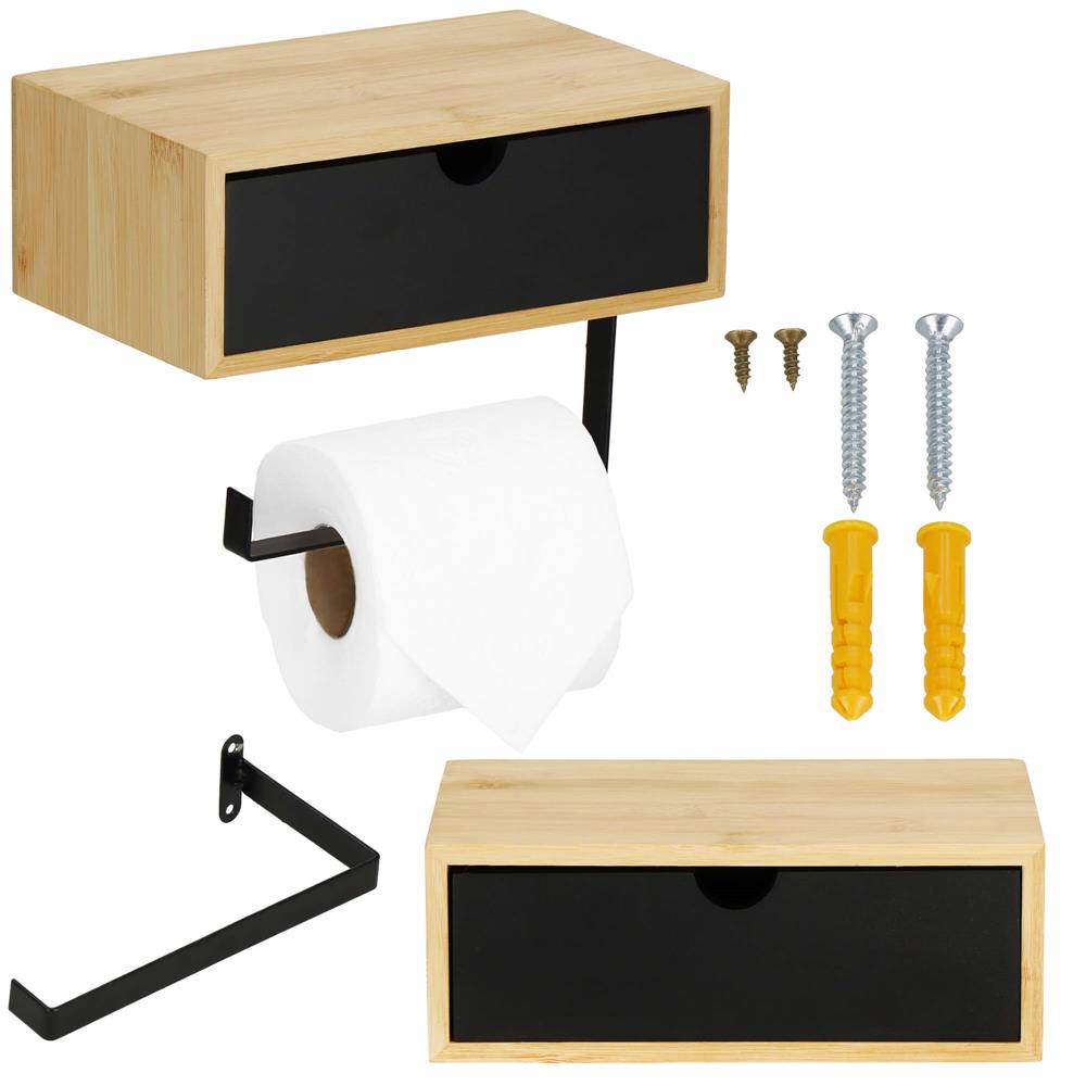 Suport hartie igienica din otel cu sertar depozitare, sistem montare inclus, 22cm, negru bej