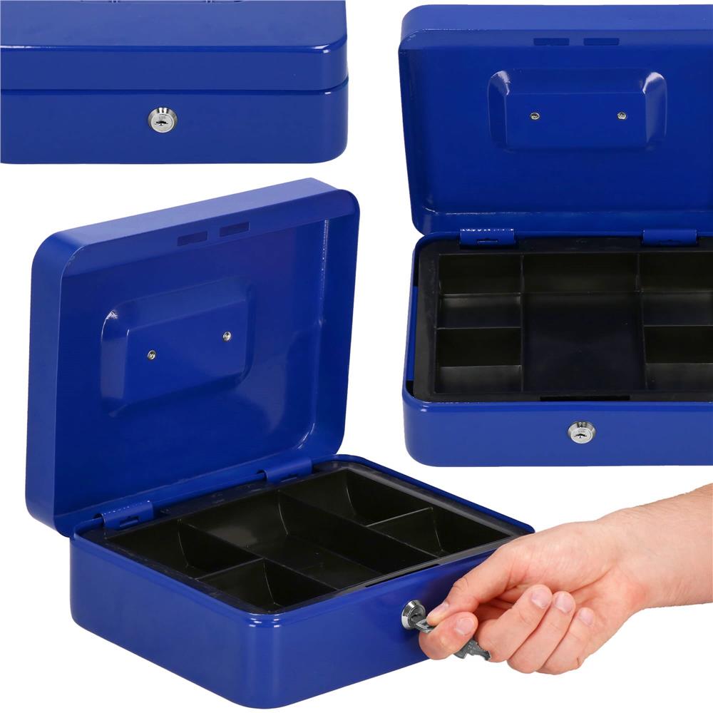 Caseta pentru bani tip cutie de valori, compartimentanta, cu cheie, metal, 25x20x9cm, albastru