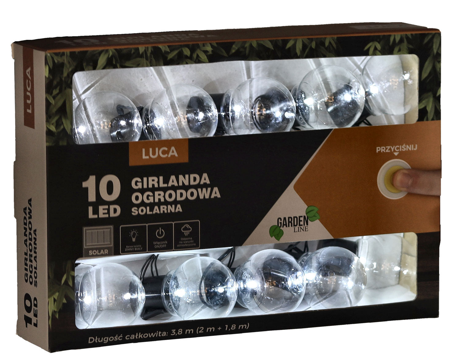 Ghirlanda luminoasa, LED, model Luca, 10 becuri, 380cm, incarcare solara, lumina alb rece