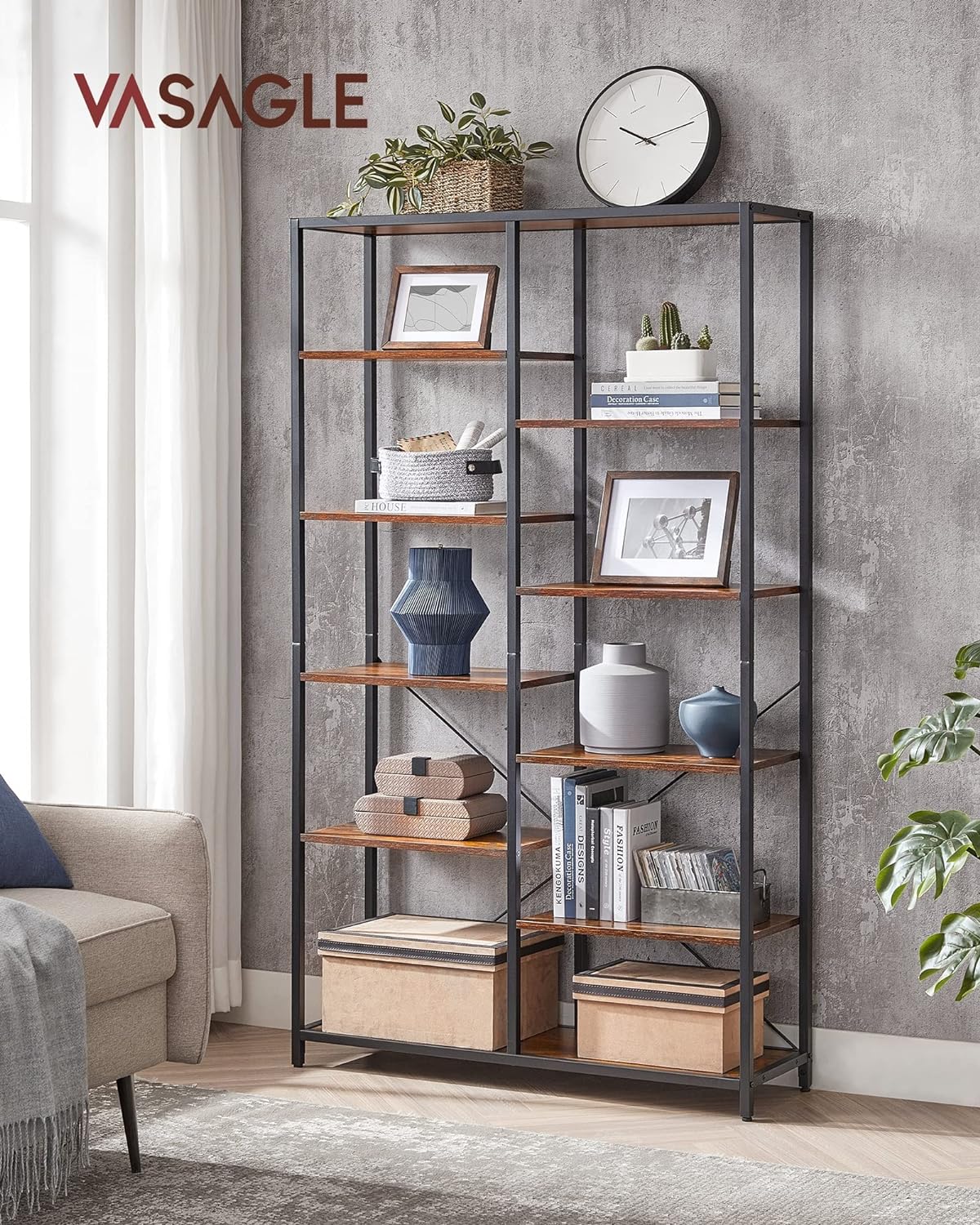 Biblioteca cu suport de depozitare pe 5 etaje, 30x100x170cm, stil industrial, maro rustic si negru