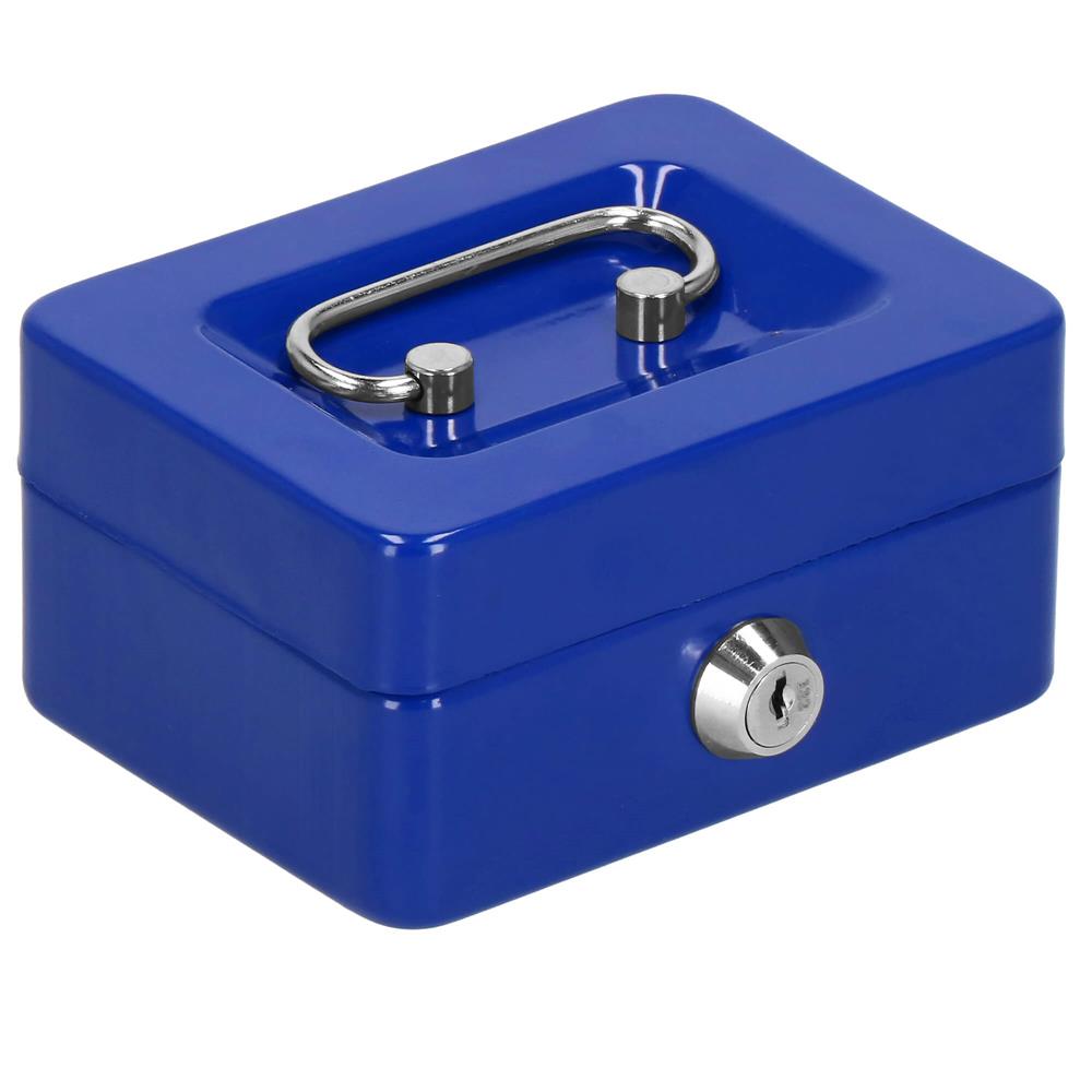 Caseta pentru bani tip cutie de valori, compartimentanta, cu cheie, metal, 12.5x9.5x6.5cm, albastru