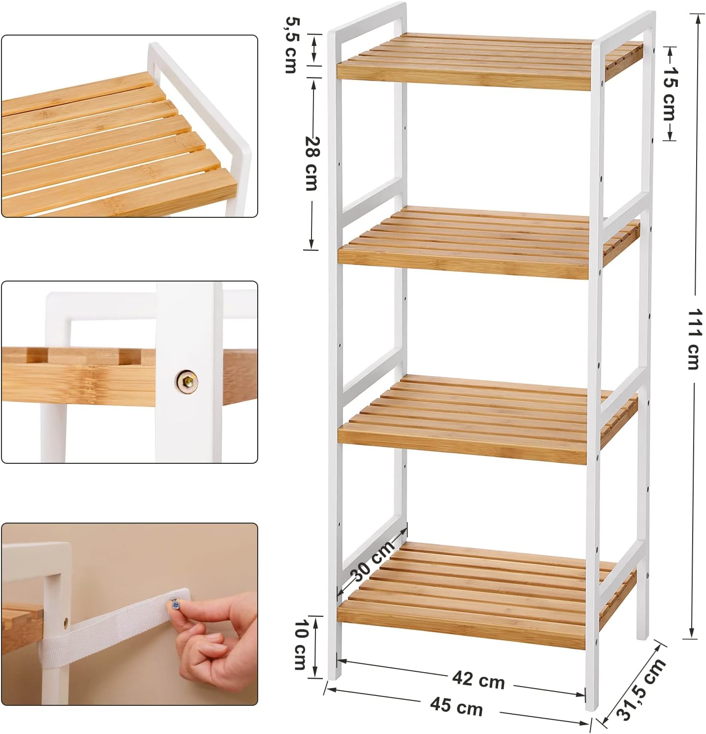 SONGMICS Raft din bambus cu 4 nivele reglabile, pentru bucatarie sau baie, 32x45x111 cm, alb si maro