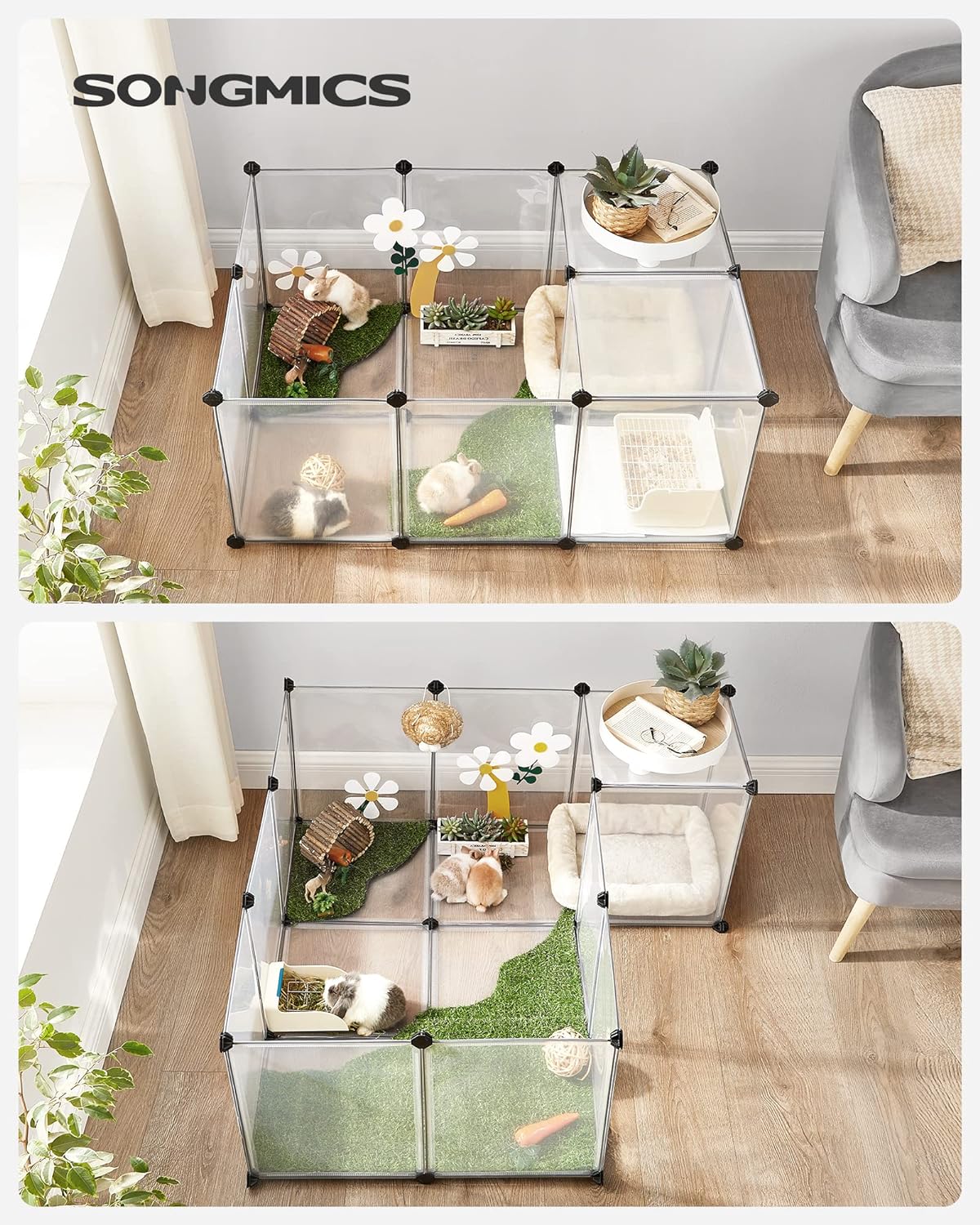 SONGMICS Tarc pentru animale mici rozatoare, din plastic, modulara DIY, 143 x 73 x 46 cm, alb