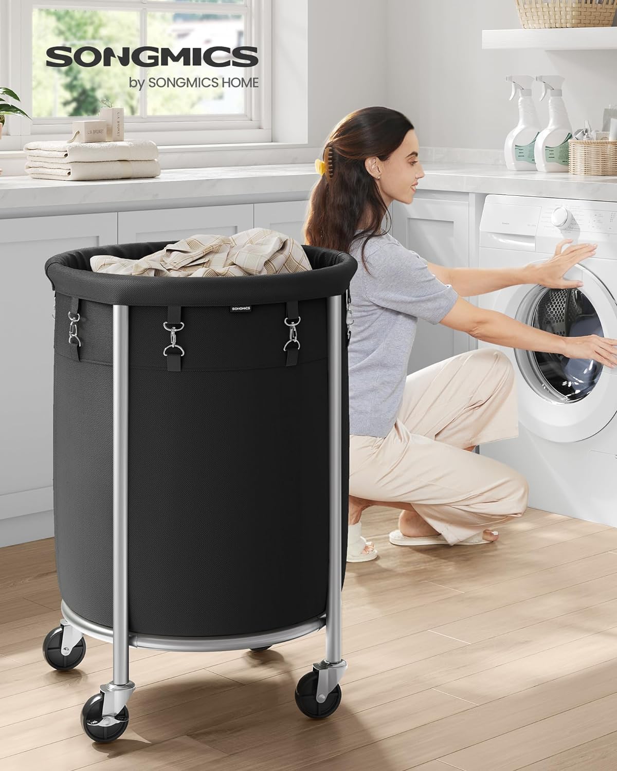 SONGMICS Cos de rufe rotund cu roti, cadru din otel, sac de rufe detasabil, 110 litri, negru
