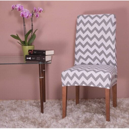 Set 4 huse universale pentru scaun, marime universala, poliester si spandex, 45 cm x 60 cm, zig zag, alb gri - 2