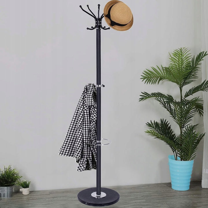 Cuier tip pom din metal cu baza de marmura, 14 agatatoare, 176cm, negru