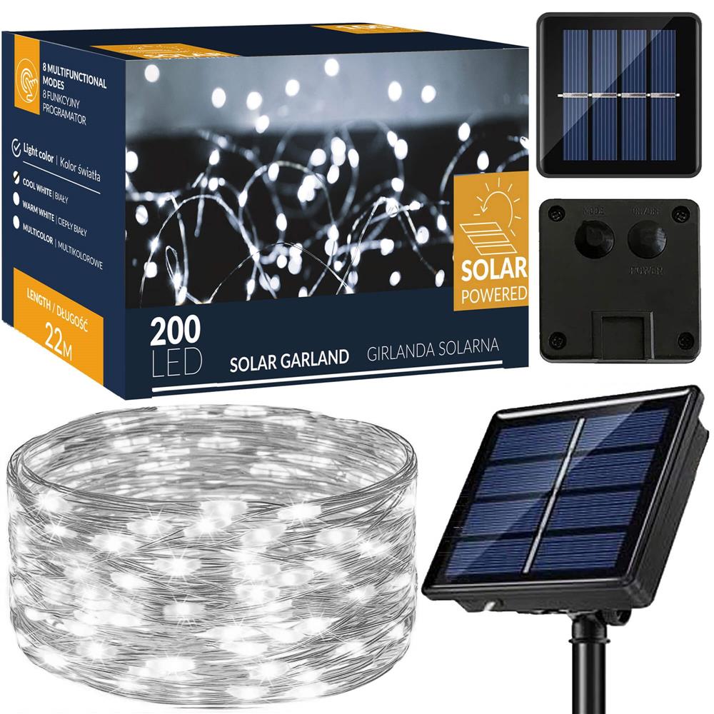 Ghirlanda luminoasa cu incarcare solara, 200 LED-uri, 22 metri, 8 functii, alb rece