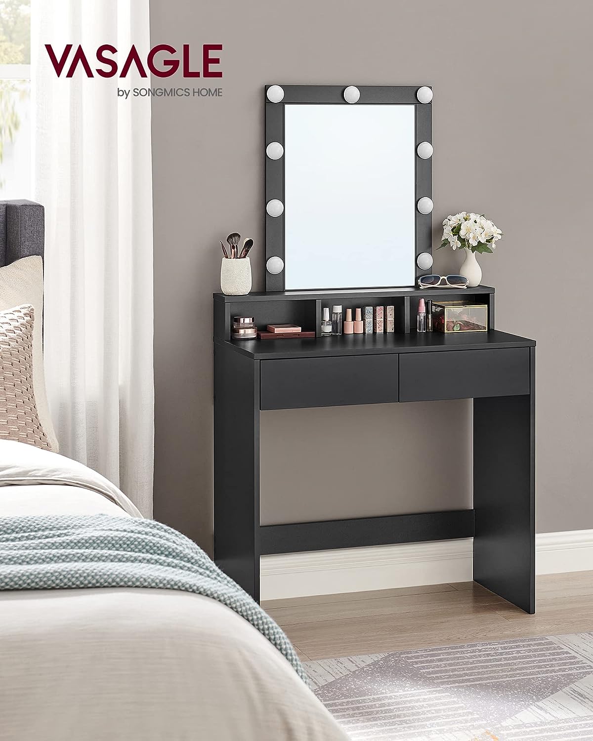 VASAGLE Masa de toaleta cu iluminare LED, cu oglinda, luminozitate reglabila, cu 2 sertare, 80x40x145cm, negru