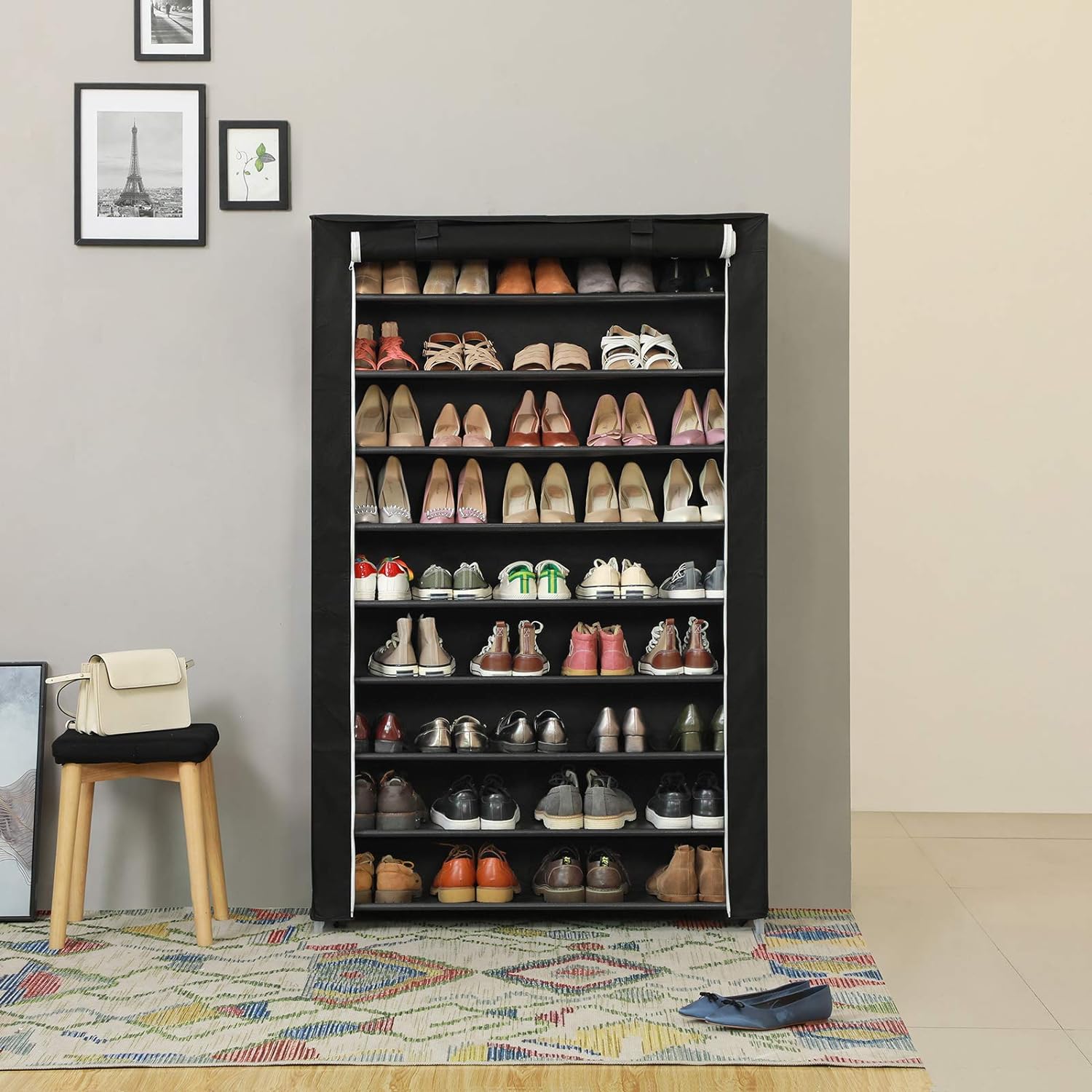 SONGMICS Raft pentru pantofi pe 10 nivele, pana la 54 de perechi pantofi, textil, 100x28x162cm, negru