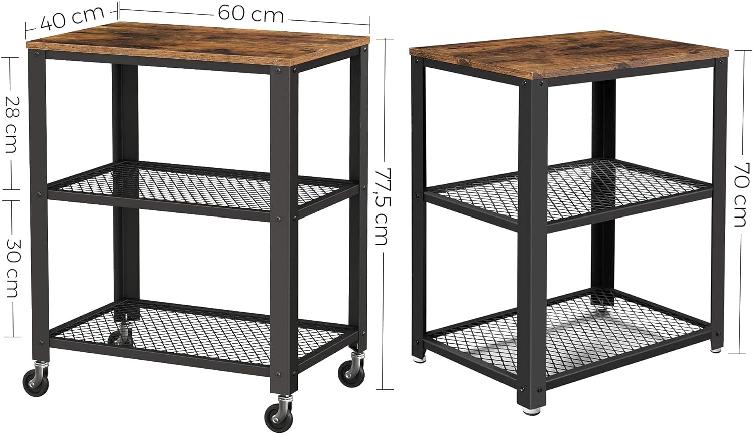 Carucior de servire pe roti, cu polite, pentru bucatarie, 40x60x77cm, industrial, maro rustic