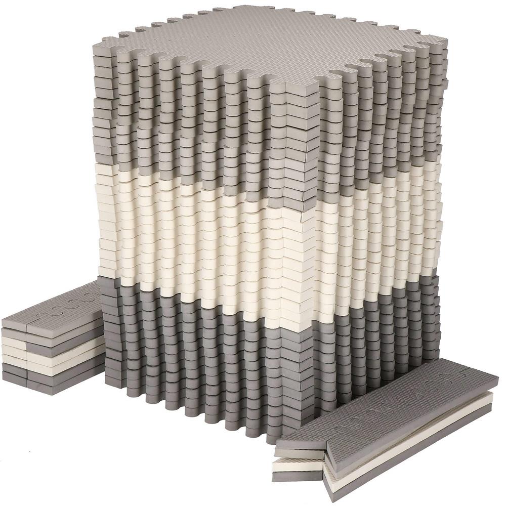 Covor din spuma pentru copii, tip puzzle triunghiuri, 96 piese,186×186 cm, alb gri