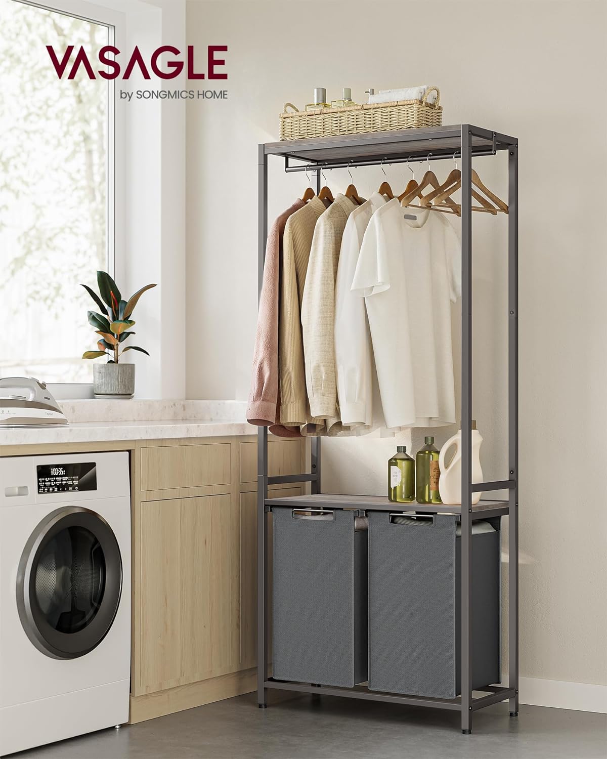 VASAGLE Cos de rufe, 2 compartimente, saci de rufe detasabili, 2 rafturi, tija umerase, 2x46L, 73x33x177cm, gri