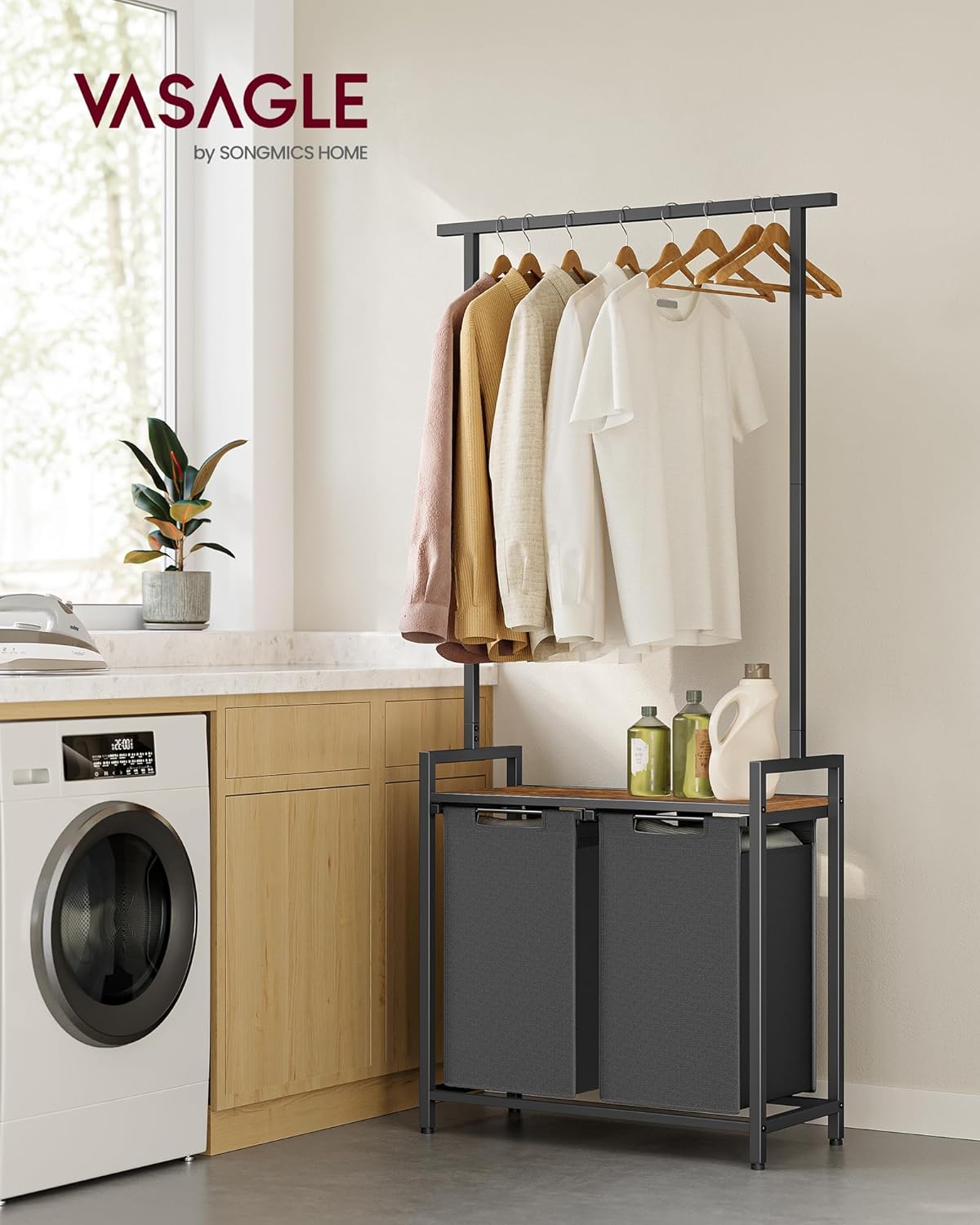 VASAGLE Cos de rufe, 2 compartimente, saci de rufe detasabili, 1 raft, tija umerase, 2x46L, 73x33x175cm, maro rustic