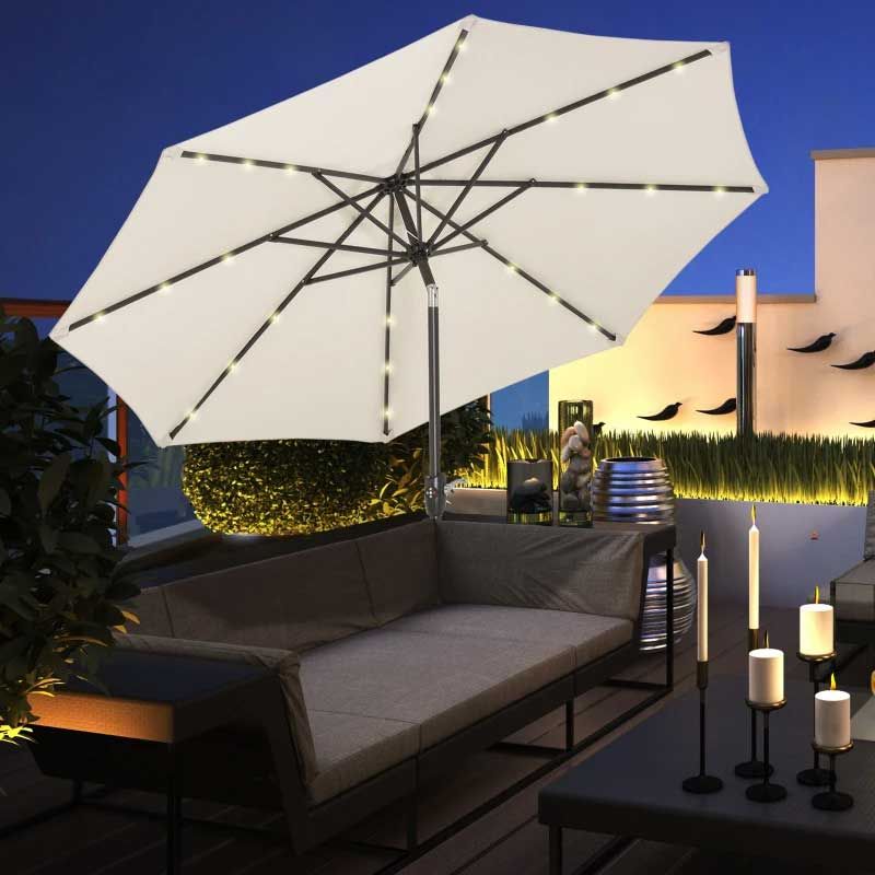 Umbrela terasa gradina, cu inclinare si husa, iluminare LED solara, 300cm, Bej
