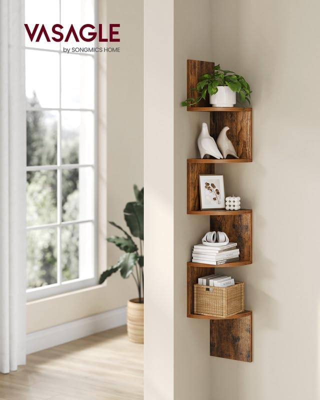 VASAGLE Raft de colt plutitor pe 5 niveluri, din lemn, 20x20x128cm, maro rustic
