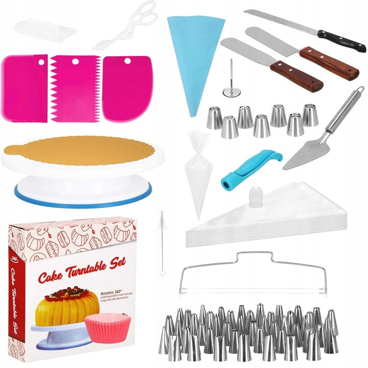 Set patiserie cu platou rotativ, 124 piese cu sabloane pentru ornarea prajiturilor