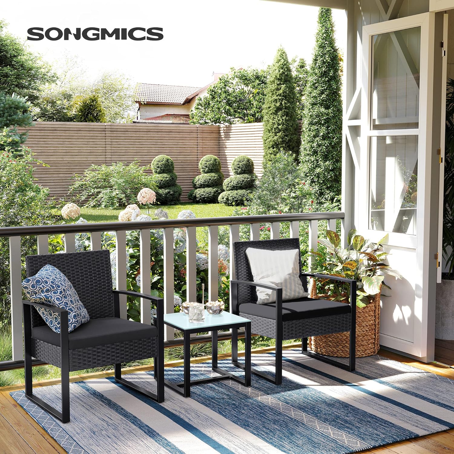SONGMICS Set de mobilier pentru terasa sau balcon, din poliratan PE, masa si 2 scaune, negru
