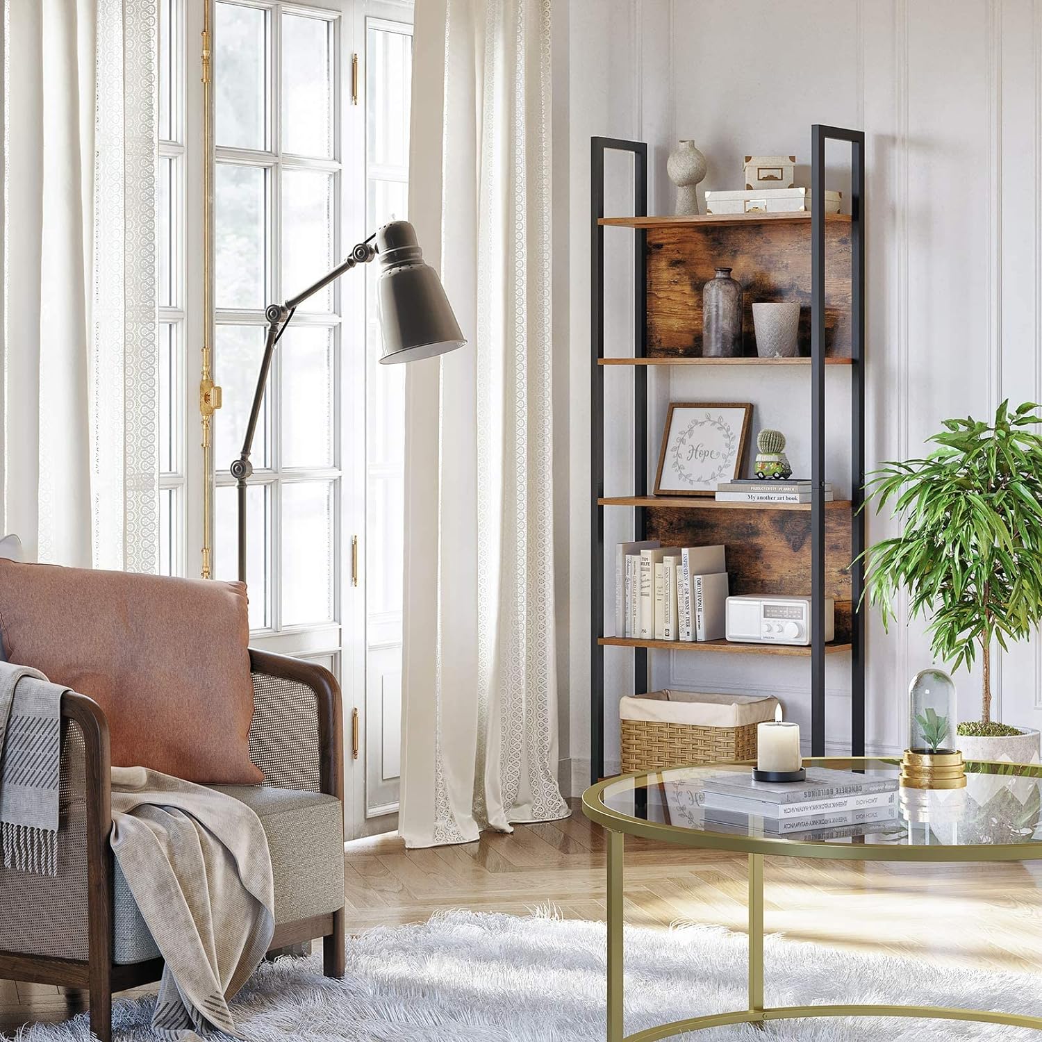 VASAGLE Biblioteca cu 5 rafturi de depozitare, cadru otel, stil industrial, 62x24x165cm, maro rustic si negru