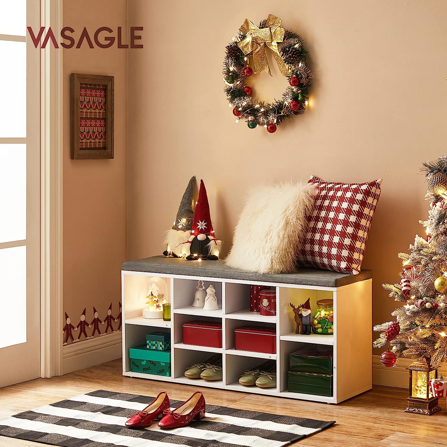 VASAGLE Banca pentru hol cu suport pentru pantofi, 10 compartimente, cu perna, 104x48x30cm, alb
