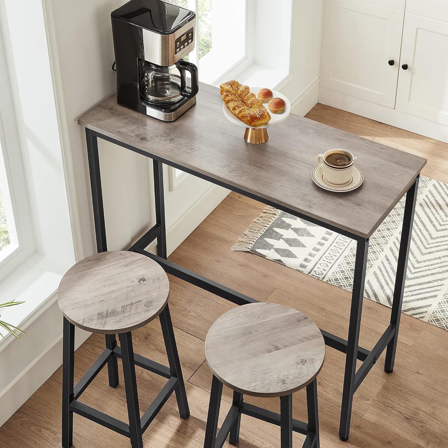 VASAGLE Set 2 scaune bar inalte, sezut rotund, cadru din otel, inaltime 65 cm, stil industrial, gri - 2
