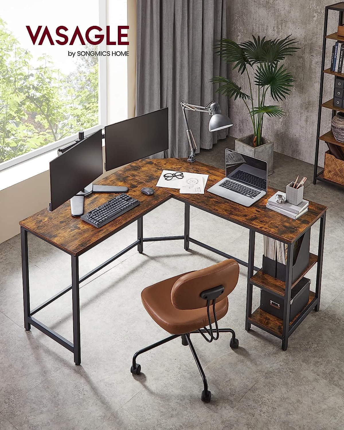 VASAGLE Birou de colt in forma de L, cu 2 rafturi de depozitare, 138x138x75cm, industrial, maro rustic si negru