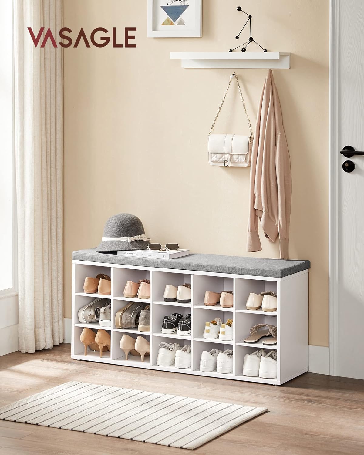 VASAGLE Banca pentru hol cu suport pentru pantofi, 15 compartimente, cu perna, 30x105x48cm, alb