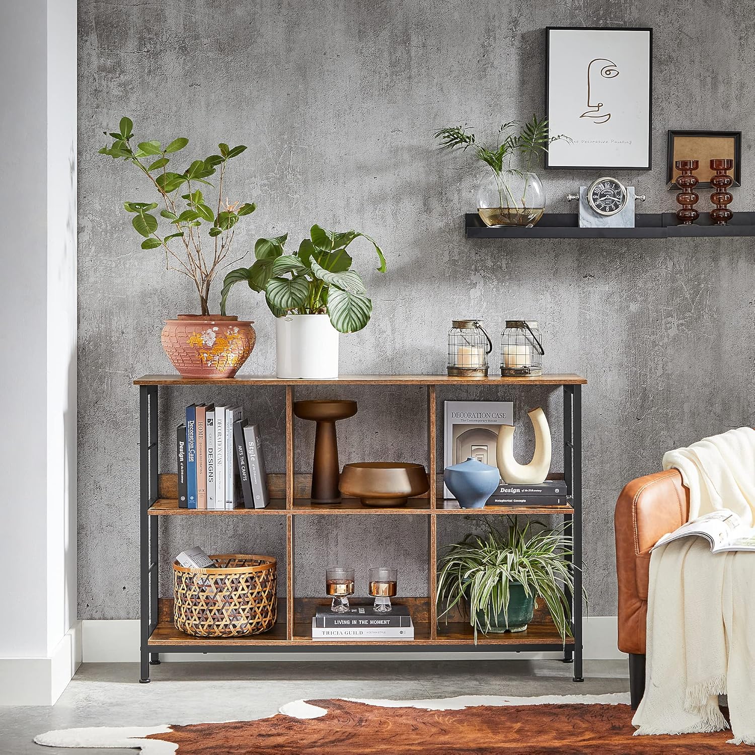 VASAGLE Biblioteca, raft cu 6 unitati de depozitare, din lemn, 33x120x80 cm, maro rustic - 2