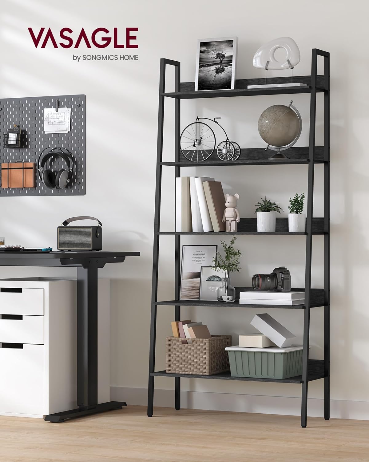 VASAGLE Biblioteca tip scara, cadru otel cu 5 polite, stil industrial, 80x30x170 cm, negru - 2