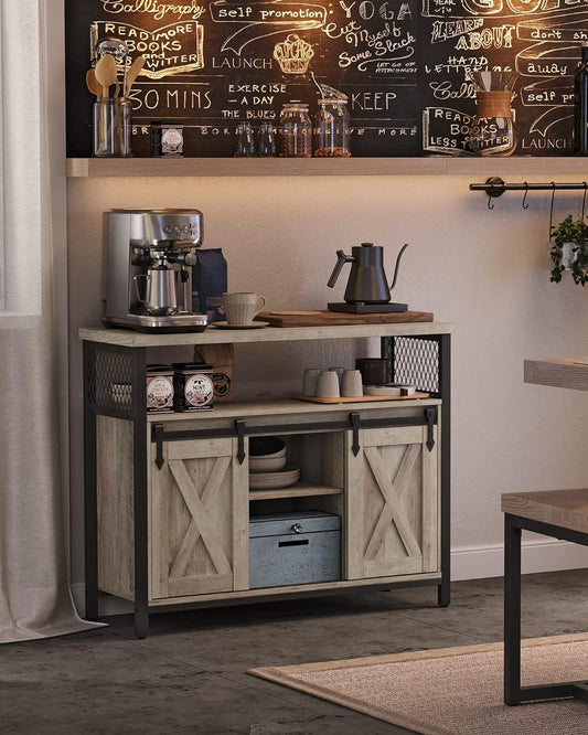 VASAGLE Comoda pentru living sau bucatarie, cu 2 usi glisante, rafturi reglabile, stil rustic, 33x100x80cm, gri - 2