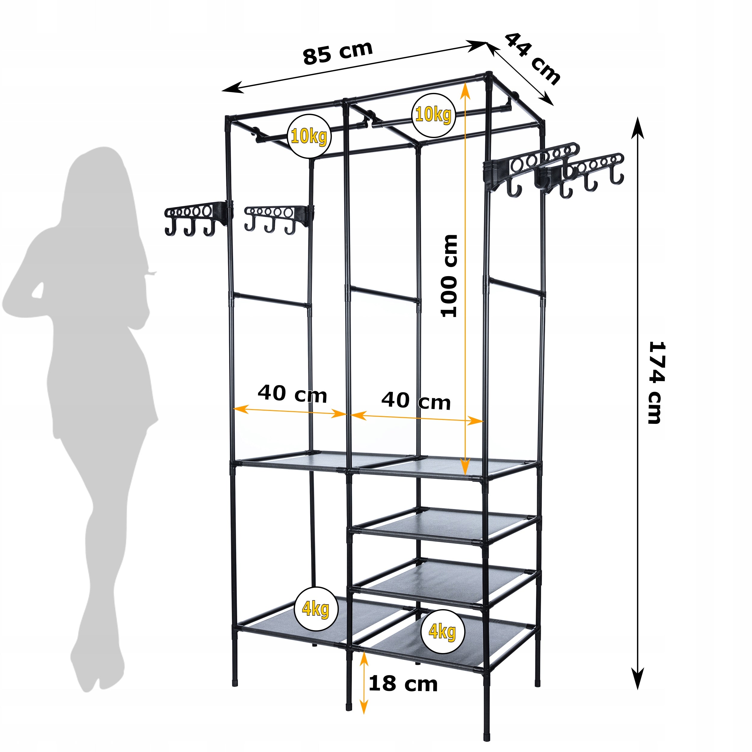 Stand de haine cu polite si tije pentru agatarea umeraselor, 85x44x174cm, negru