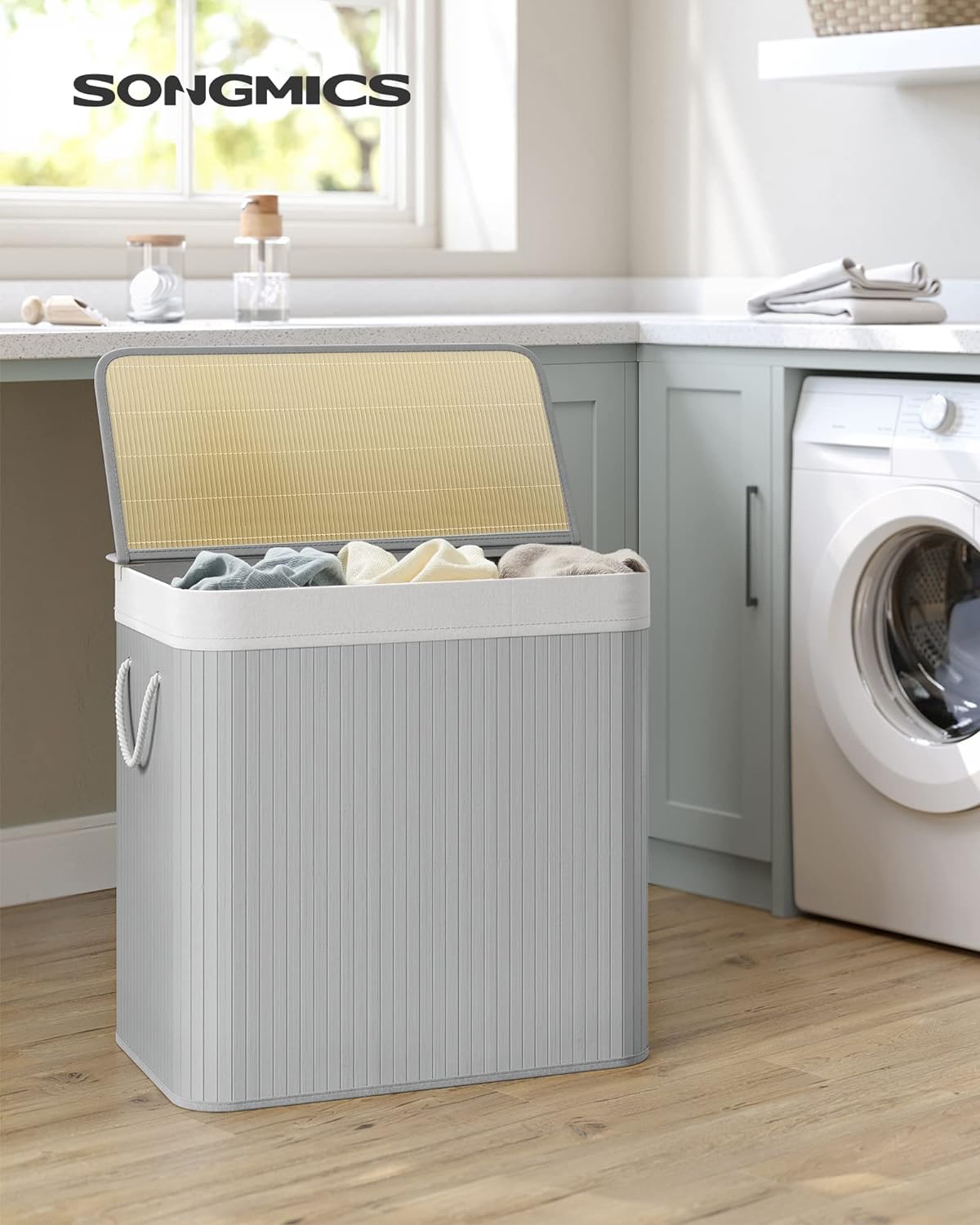 SONGMICS Cos de rufe din bambus, pliabil, cu captuseala detasabila lavabila, 3 compartimente, 150L, 60x40x62cm, gri