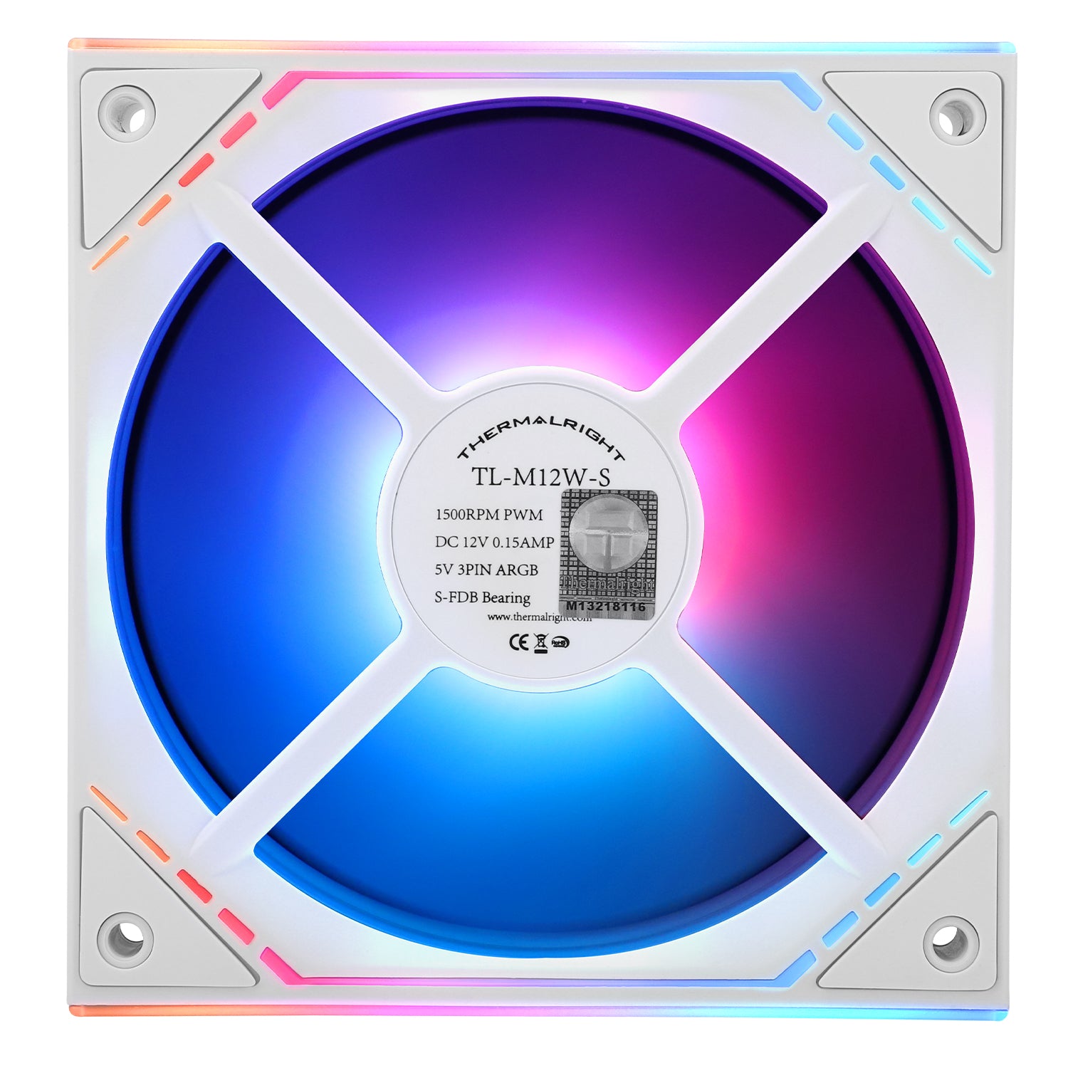 Ventilator Thermalright, 120mm, 1500 RPM, S-FDB Bearing, 47.6 CFM, LED ARGB, 4pin PWM, alb, "TL-M12W-S"