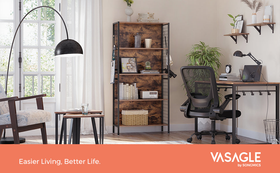 VASAGLE Biblioteca, raft cu 4 niveluri, cadru otel si polite din MDF, 74x30x155cm, maro rustic si negru