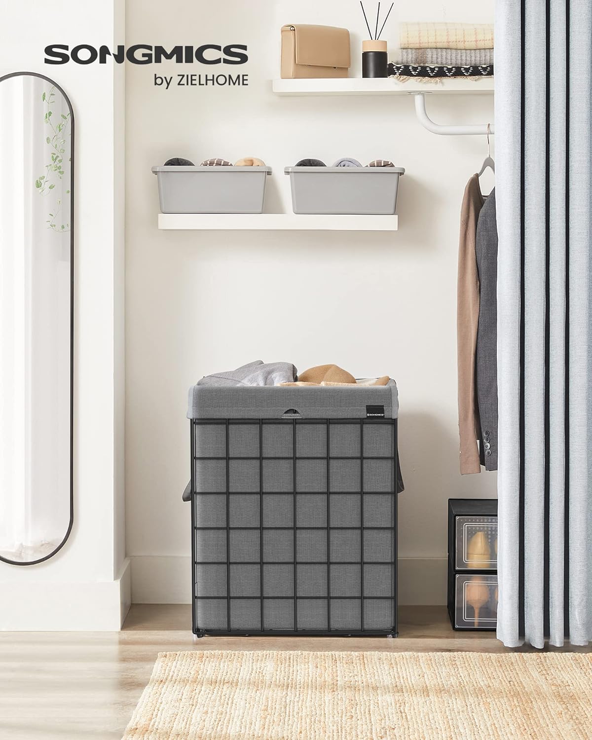 SONGMICS Cos de rufe pliabil cu cadru metalic, sac detasabil si lavabil, 90L, 48x33x58cm, negru si gri