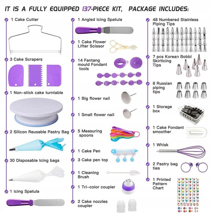 Set patiserie cu platou rotativ, 137 piese cu sabloane pentru ornarea prajiturilor