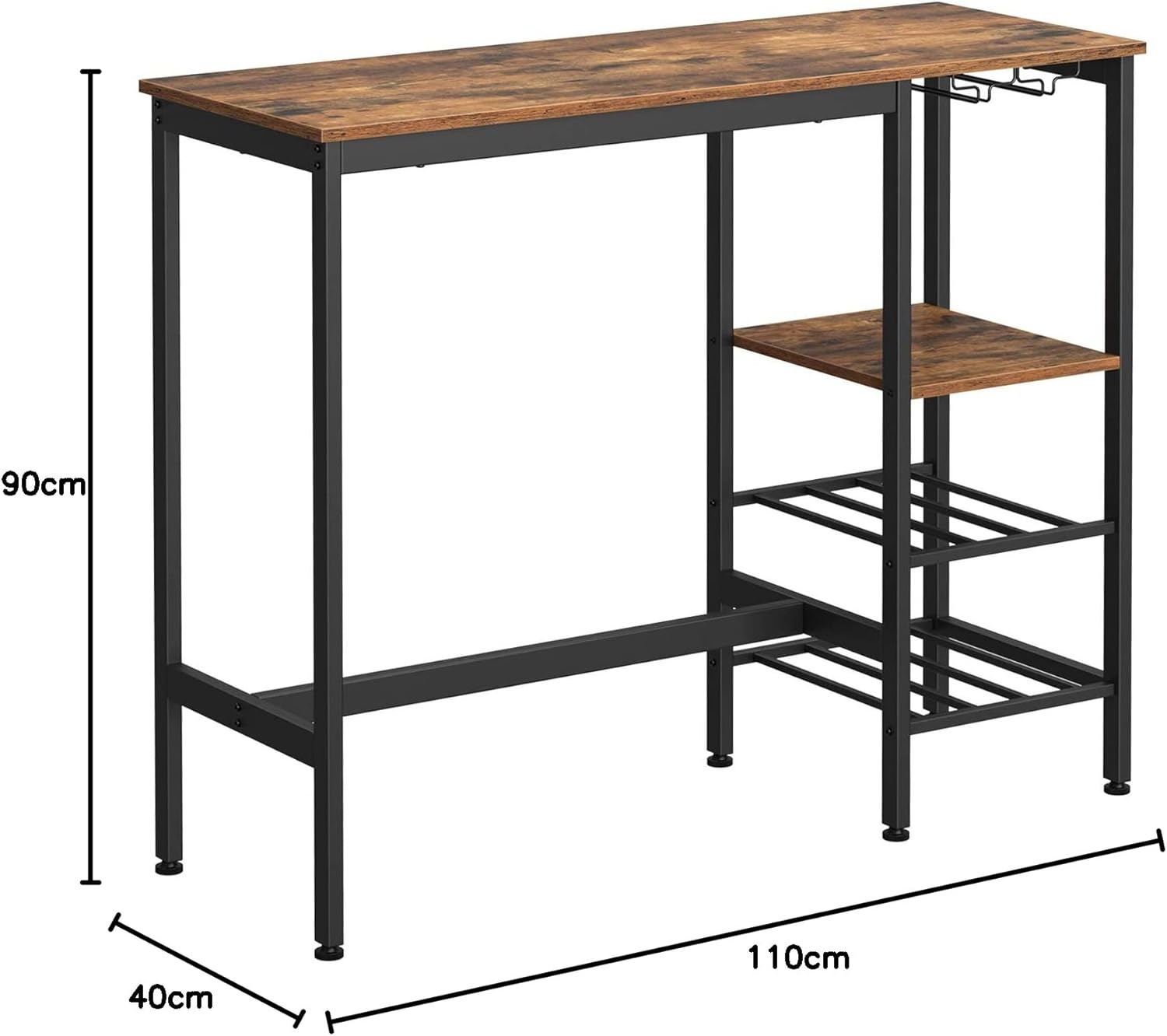 Masa inalta de bar, cu suport pentru sticle si pahare de vin, 110x40x90cm, maro rustic si negru