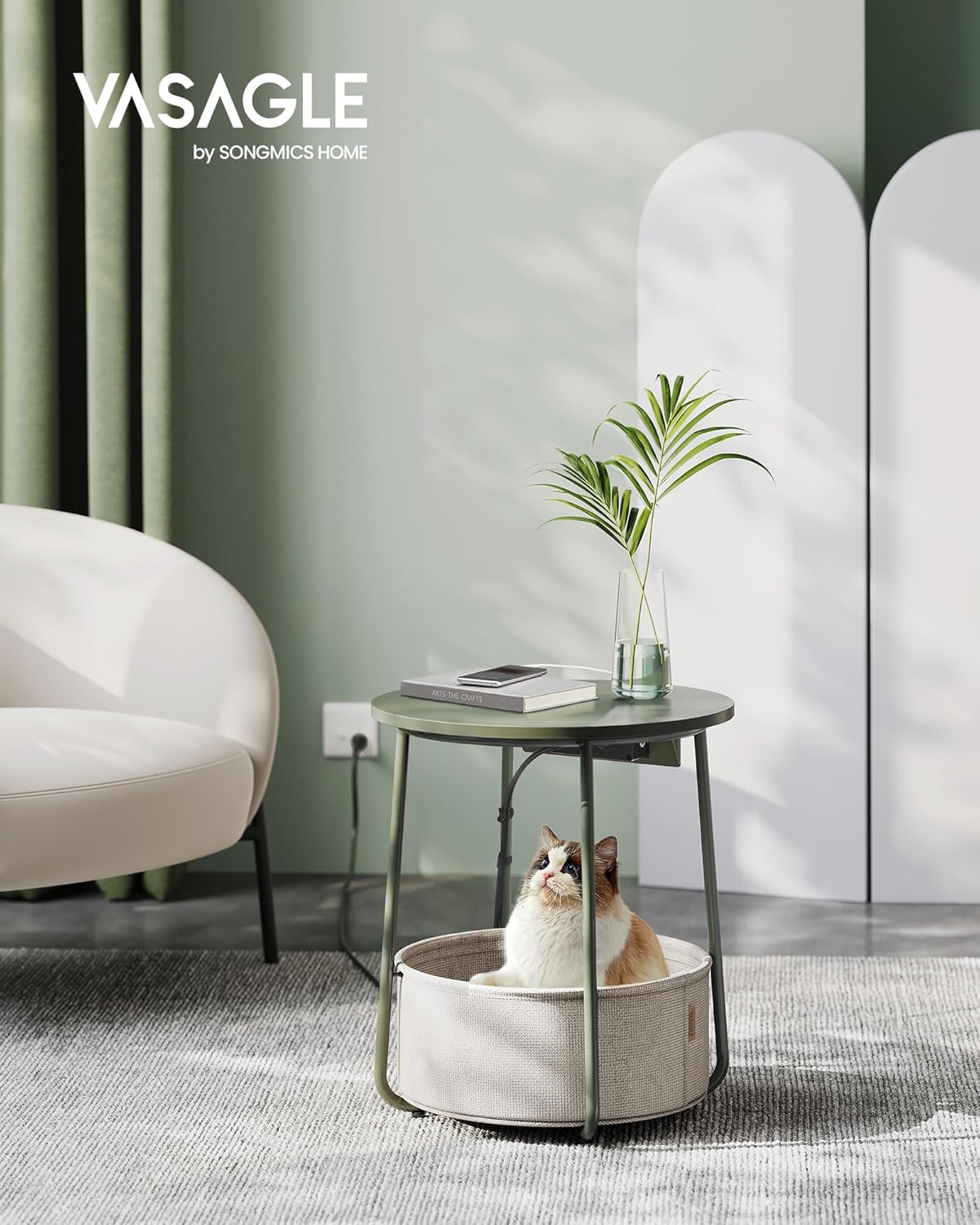 VASAGLE Masuta de cafea rotunda cu cos de stofa, statie de incarcare 2 prize si 2 USB, 45x50cm, verde crem - 2