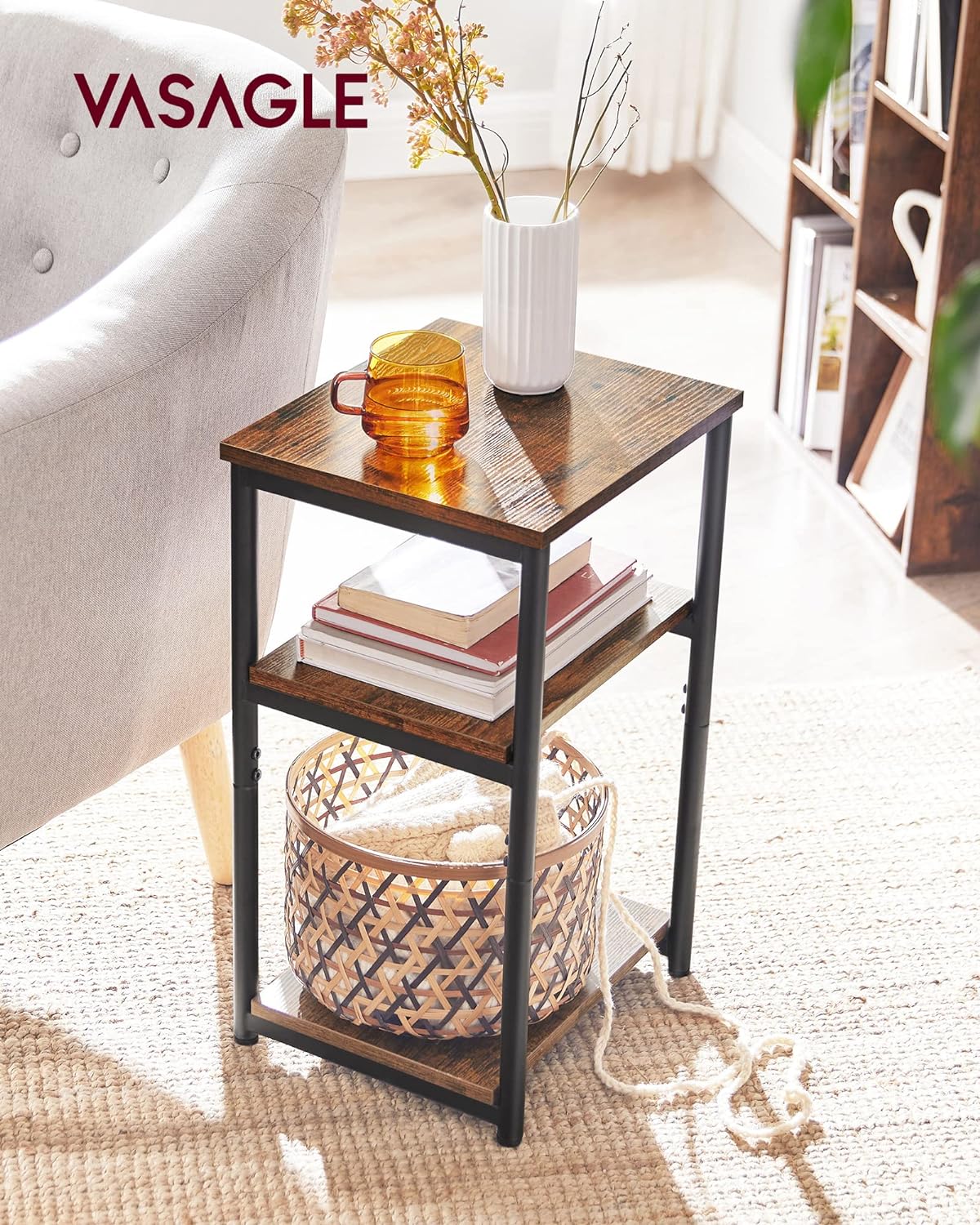 VASAGLE Noptiera cu 3 nivele pentru dormitor, cadru din otel, design industrial, 34x30x58cm, maro rustic