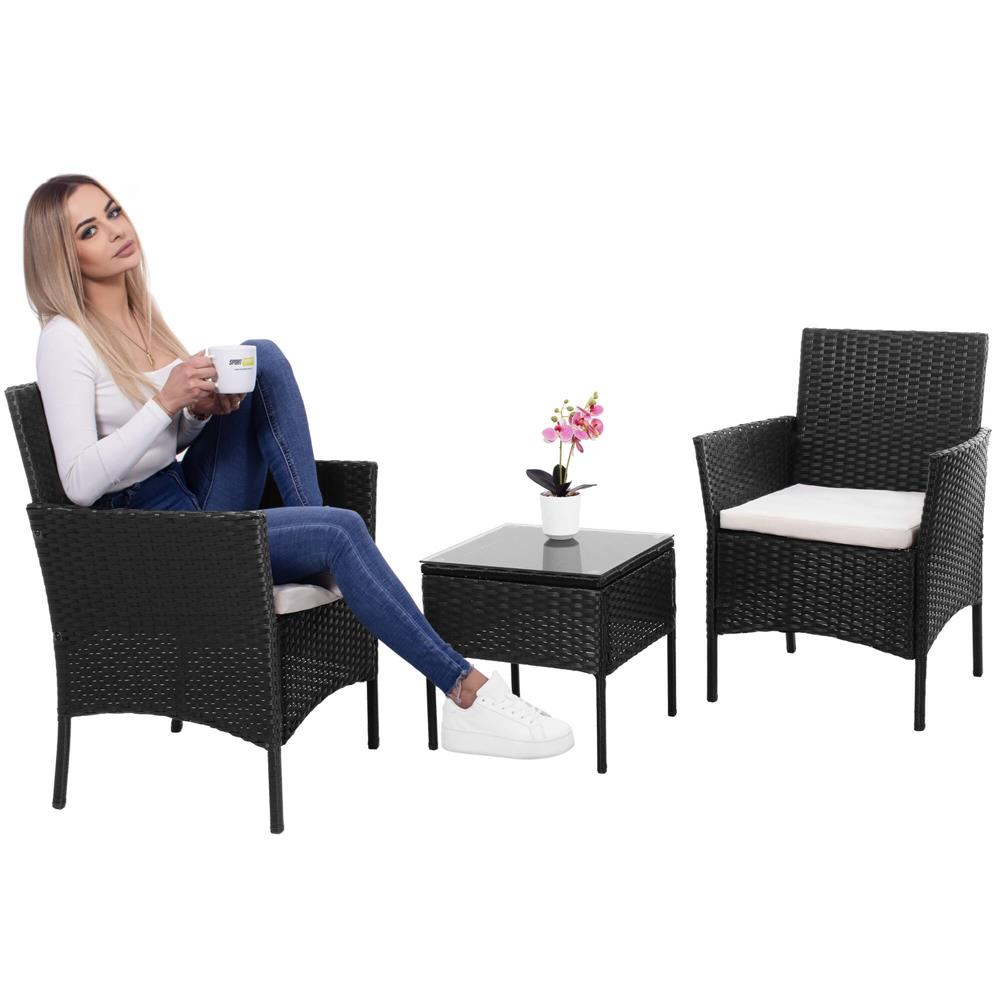 Set mobilier terasa, din tehnorattan, masa cu blat sticla securizata, 2 fotolii cu perne, negru